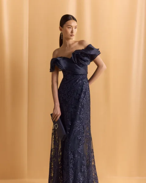 Organza Off Shoulder Sequin Embroidered Tuille Gown